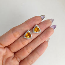 Load image into Gallery viewer, 8 mm. Trillion Cut Yellow Brazilian Citrine with Cz Halo Earrings
