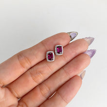 Load image into Gallery viewer, 4 x 6 mm. Cushion Cut Purple African Rhodolite Garnet with Cz Halo Earrings
