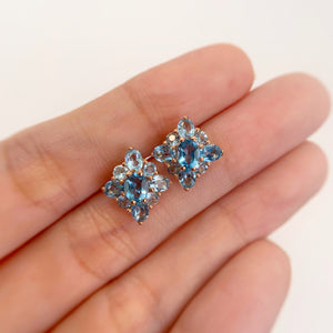 4 x 5 mm. Oval Cut Swiss Blue Brazilian Topaz Cluster Earrings