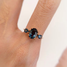 Load image into Gallery viewer, 6 x 8 mm. Oval Cut London Blue Brazilian Topaz Trilogy Ring
