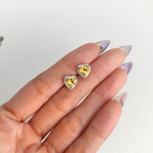 Load image into Gallery viewer, 6 mm. Heart Cut Yellow Brazilian Citrine with Cz Halo Earrings

