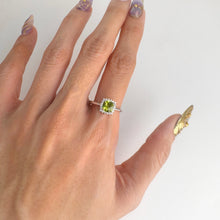 Load image into Gallery viewer, 6 mm. Cushion with Checkerboard Cut Green Pakistani Peridot with Cz Accents Ring
