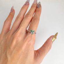 Load image into Gallery viewer, 3 x 5 mm. Pear Cut Green Brazilian Emerald and Tanzanite with Cz Accents Ring
