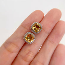 Load image into Gallery viewer, 7 mm. Cushion Cut Yellow Brazilian Citrine with Cz Halo Earrings
