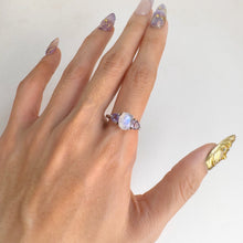 Load image into Gallery viewer, 7 x 9 mm. Oval Cabochon White Indian Moonstone and Amethyst Trilogy Ring
