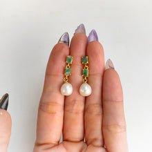 Load image into Gallery viewer, 8 mm. Freshwater Pearl and Emerald Drop Earrings
