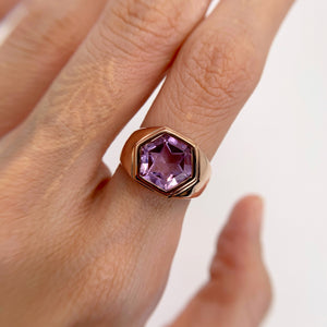 Handmade 9 mm. Carved Hexagon Cut VS Purple Brazilian Amethyst Ring