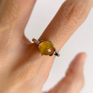 8 mm. Round Cabochon Multi-coloured Ethiopian Opal Ring