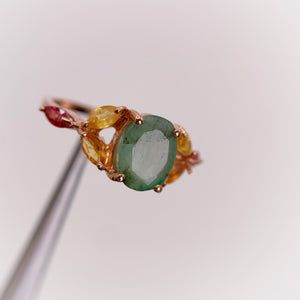 6 x 8 mm. Oval Cut Green Brazilian Emerald and Sapphire Cluster Ring