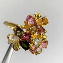 Load image into Gallery viewer, 3 x 4 mm. Pear Cut Multi-coloured Brazilian Tourmaline with Chrome Diopside Accents Cluster Ring (Blemished)
