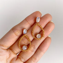 Load image into Gallery viewer, 5 x 7 mm. Oval Cabochon White Indian Moonstone and Sapphire Drop Earrings
