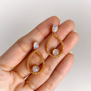 5 x 7 mm. Oval Cabochon White Indian Moonstone and Sapphire Drop Earrings