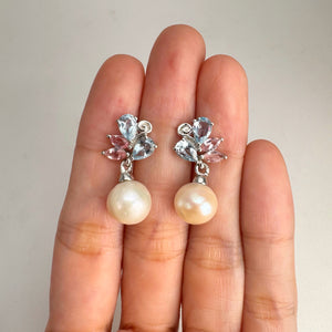 9 mm. Freshwater Pearl, Topaz and Tourmaline Drop Earrings