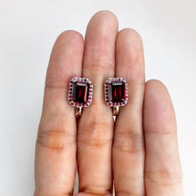 Load image into Gallery viewer, 6 x 8 mm. Octagon Cut Red African Garnet with Ruby Halo Earrings
