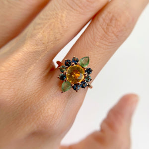 Handmade 7 mm. Round Cut Yellow Madagascan Sphene and Sapphire Cluster Ring