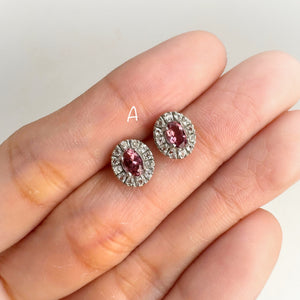 3 x 5 mm. Oval Cut Pink and Purple Nigerian Tourmaline with Topaz Halo Earrings