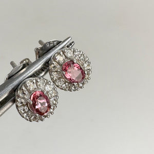 3 x 5 mm. Oval Cut Pink and Purple Nigerian Tourmaline with Topaz Halo Earrings