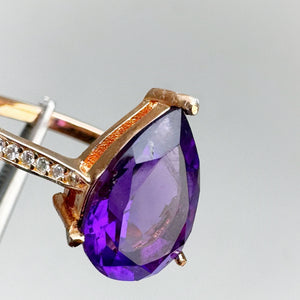 8 x 12 mm. Pear Cut Purple Brazilian Amethyst with Cz Band Ring