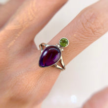 Load image into Gallery viewer, Handmade 8 x 12 mm. Pear Cabochon Purple Brazilian Amethyst and Peridot Ring
