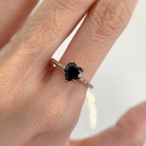 7 mm. Heart Cut Black Thai Spinel with Cz Band Ring
