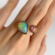 Load image into Gallery viewer, Handmade 14 x 17 mm. Pear Cabochon Multi-coloured Ethiopian Opal and Tourmaline Open Ring (Blemished)
