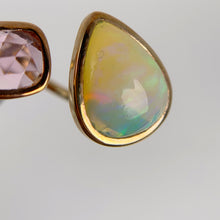 Load image into Gallery viewer, Handmade 14 x 17 mm. Pear Cabochon Multi-coloured Ethiopian Opal and Tourmaline Open Ring (Blemished)
