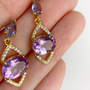 8 x 10 mm. Oval Cut Purple Brazilian Amethyst and Iolite with Cz Accents Drop Earrings
