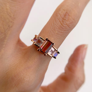 Handmade 5 x 8 mm. Octagon Cut VS Pink Mozambican Tourmaline, Rose Quartz  and Moonstone Cluster Ring