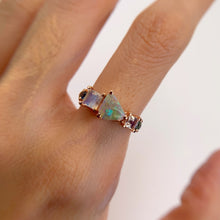 Load image into Gallery viewer, Handmade 5 x 7 mm. Freeform Cabochon Multi-coloured Australian Lightning Ridge Opal, Moonstone and Sapphire Cluster Ring
