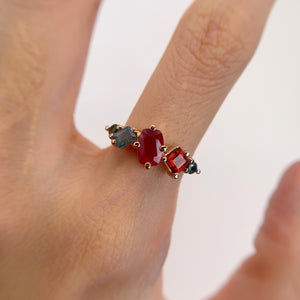 Handmade 5 x 7 mm. Cushion Cut Red Mozambican Ruby, Garnet and Sapphire Cluster Ring