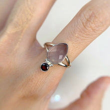 Load image into Gallery viewer, Handmade 8 x 12 mm. Pear with Checkerboard Cut Pink African Rose Quartz and Garnet Ring
