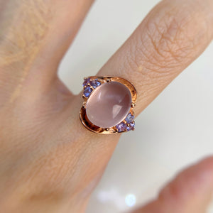 10 x 12 mm. Oval Cabochon Pink African Rose Quartz with Tanzanite Accents Ring