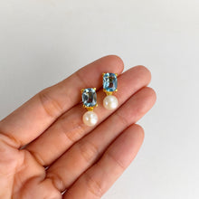 Load image into Gallery viewer, 7 x 9 mm. Cushion Cut Sky Blue Brazilian Topaz and Pearl Earrings
