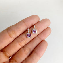 Load image into Gallery viewer, 4 mm. Square Cut Purple Brazilian Amethyst with Cz Halo Earrings
