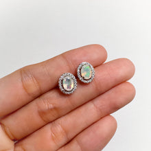Load image into Gallery viewer, 5 x 7 mm. Oval Cut Multi-coloured Ethiopian Opal with Cz Halo Earrings
