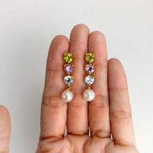 Load image into Gallery viewer, 7.5 mm. Freshwater Pearl, Peridot, Amethyst and Topaz Drop Earrings
