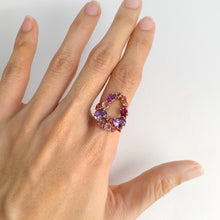 Load image into Gallery viewer, 5 x 7 mm. Oval Cut Purple Brazilian Amethyst, Rhodolite Garnet, Tourmaline and Sapphire Cluster Ring
