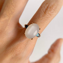 Load image into Gallery viewer, 10 x 14 mm. Oval Cabochon White Indian Moonstone with Topaz Accents Ring
