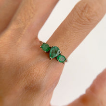 Load image into Gallery viewer, 5 x 7 mm. Pear Cut Green Zambian Emerald Trilogy Ring
