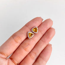 Load image into Gallery viewer, 6 mm. Trillion Cut Yellow Brazilian Citrine with Cz Halo Earrings
