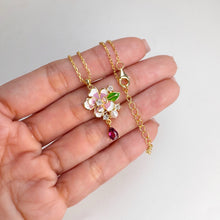 Load image into Gallery viewer, 4 x 6 mm. Pear Cut Purple African Rhodolite Garnet with Cz and Faux Pearl Accents Flower Drop Pendant and Necklace
