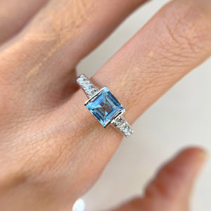 6 mm. Square Cut Sky Blue Brazilian Topaz with CZ Accents Ring