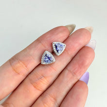 Load image into Gallery viewer, 6 mm. Trillion Cut Blue Violet Tanzanite with Cz Halo Earrings

