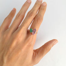Load image into Gallery viewer, Handmade 5 x 7 mm. Oval Cut Green Brazilian Emerald and Amethyst Ring
