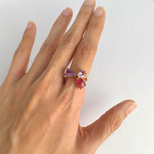 Load image into Gallery viewer, Handmade 7 x 9 mm. Trillion Cut Purple Burmese Spinel and Tourmaline Open Ring
