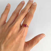 Load image into Gallery viewer, Handmade 4 x 6 mm. Baguette Cut Red Mozambican Ruby and Sapphire Cluster Ring
