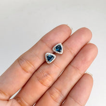 Load image into Gallery viewer, 5 mm. Trillion Cut London Blue Brazilian Topaz with Cz Halo Earrings
