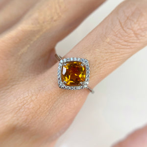 7 mm. Cushion Cut Yellow Brazilian Citrine with Cz Halo Ring