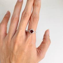 Load image into Gallery viewer, 6 mm. Round Cut Red Mozambican Garnet with Cz Halo Ring
