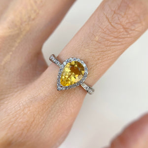 6 x 9 mm. Pear Cut Yellow Brazilian Citrine with Cz Halo Ring